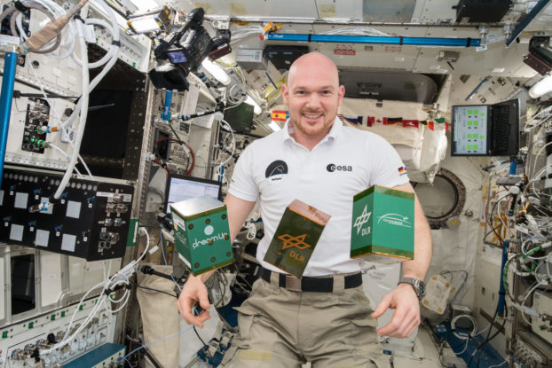 Alexander Gerst aboard the ISS with the three experiments in the space competition.