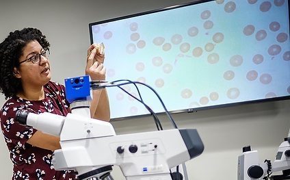 Dr. Regina Joice Cordy of Wake Forest University (USA) teaching Parasitology in a dedicated microscopy teaching facility.